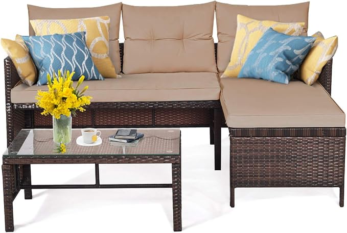 Tangkula Patio Corner Sofa Set 3 Piece, Outdoor Rattan Sofa Set, Includes - Image 8