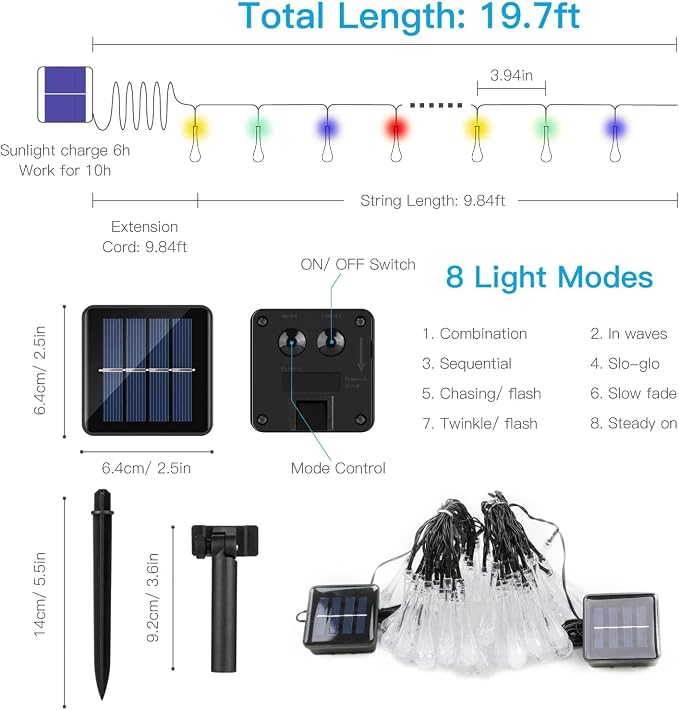 suddus 2 Pack 30 LED Solar String Lights Outdoor Waterproof, Water Drop Solar - Image 8