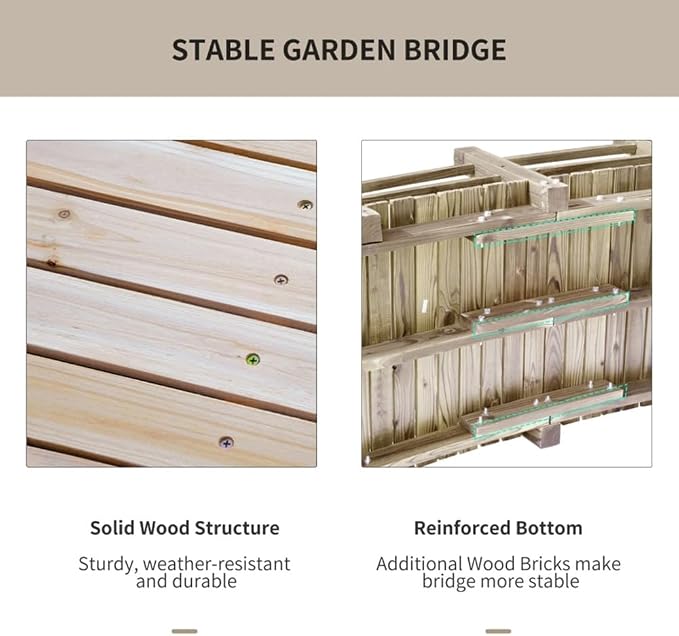 5FT Wooden Garden Bridge with Handrails, Decorative Landscape Footbridge - Image 3