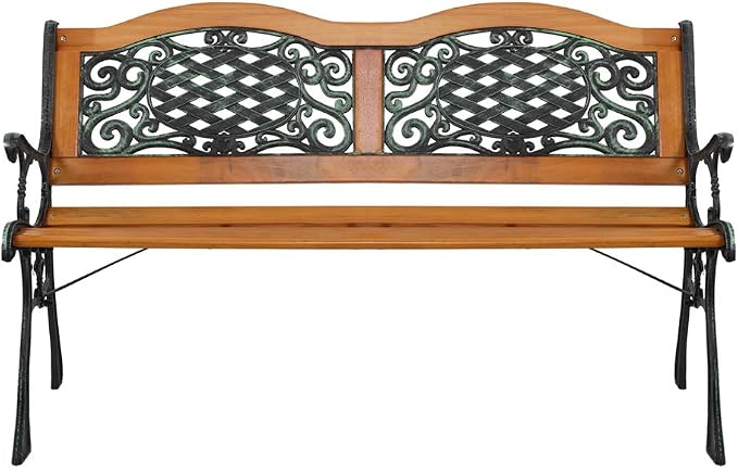 49'' Patio Bench, Outdoor Garden Bench, Cast Iron & Hardwood Structure - Image 5