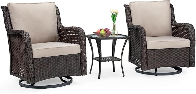 GarveeHome 3-Piece Outdoor Wicker Rattan Swivel Rocking Chair Set by GarveeHome