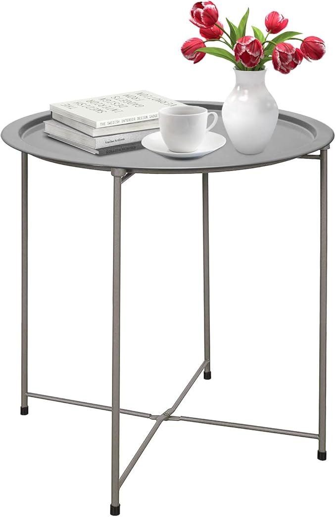 Garden 4 you End Table Metal Side Table Grey Round Folding Tray Cyan Sofa Small by Garden4you