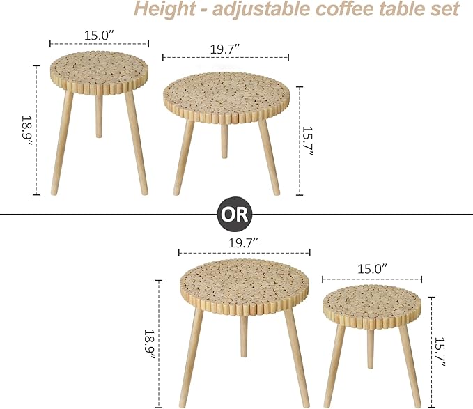 Round Coffee Table Set of 2, Farmhouse Nesting Coffee Table, Small Circle Wood - Image 3