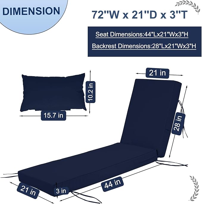 Outdoor Chaise Lounge Cushions Set of 2, Waterproof Fade Resistant Patio - Image 4