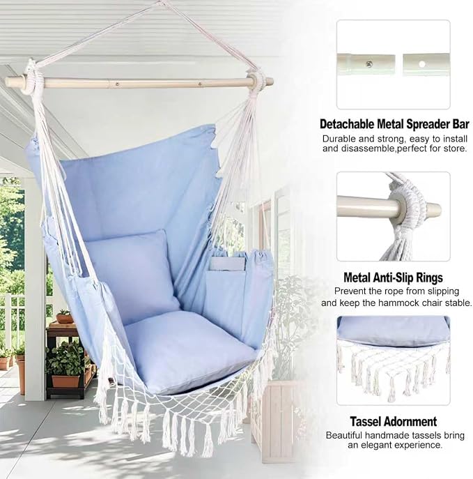 Hammock Chair Hanging Rope Swing Chair, Max 450 Lbs, Large Hanging Chair - Image 6