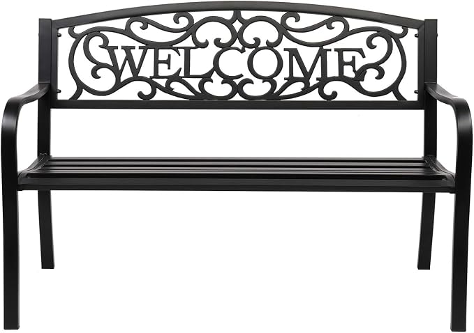 VINGLI Outdoor Bench with PVC Welcome Back Pattern, Rust-Resistant Metal Black by VINGLI