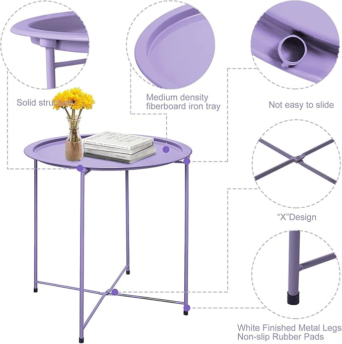 Garden 4 you End Table 2 PCS Metal Side Table Purple Round Folding Tray Cyan - Image 4