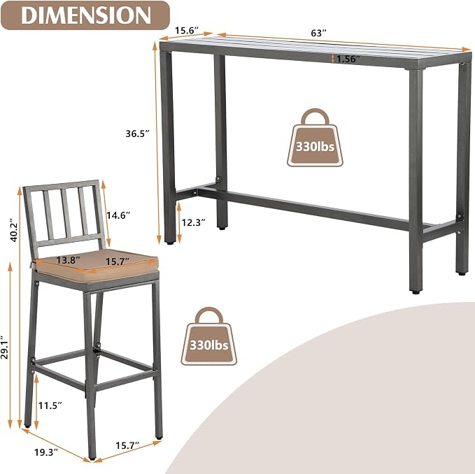 Outdoor Bar Chairs & Table, Metal Patio Bar Set, 7-Piece Set - Image 4