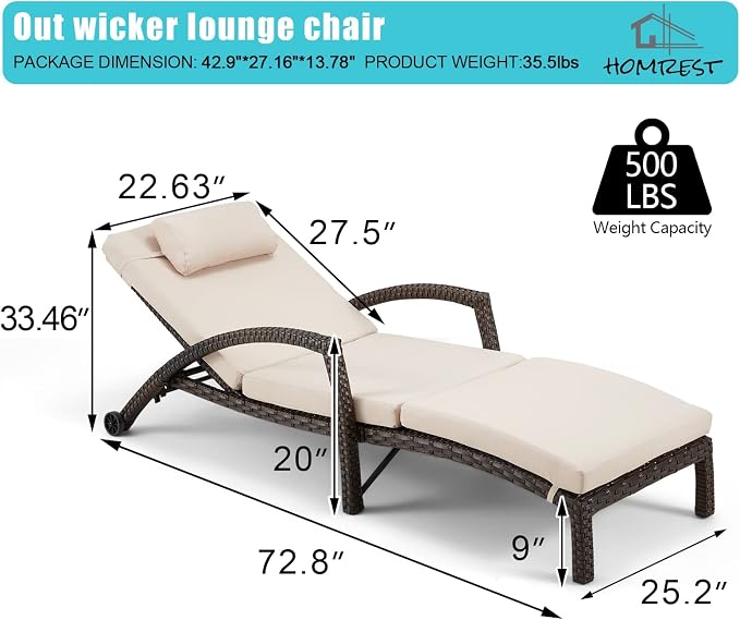 HOMREST Chaise Lounge Chairs Set of 4, PE Rattan Wicker Lounge Chair - Image 3