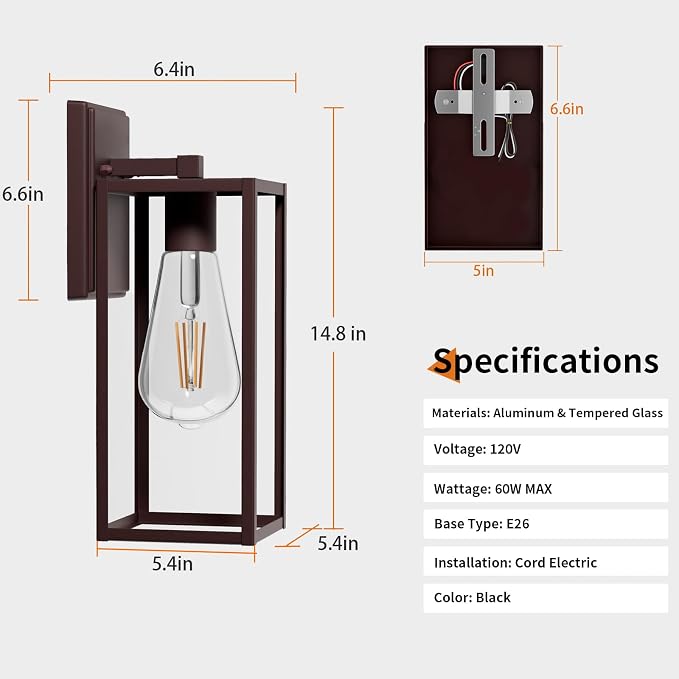 2 Pack 15'' Oil Rubbed Bronze Outdoor Front Porch Lights - Image 6