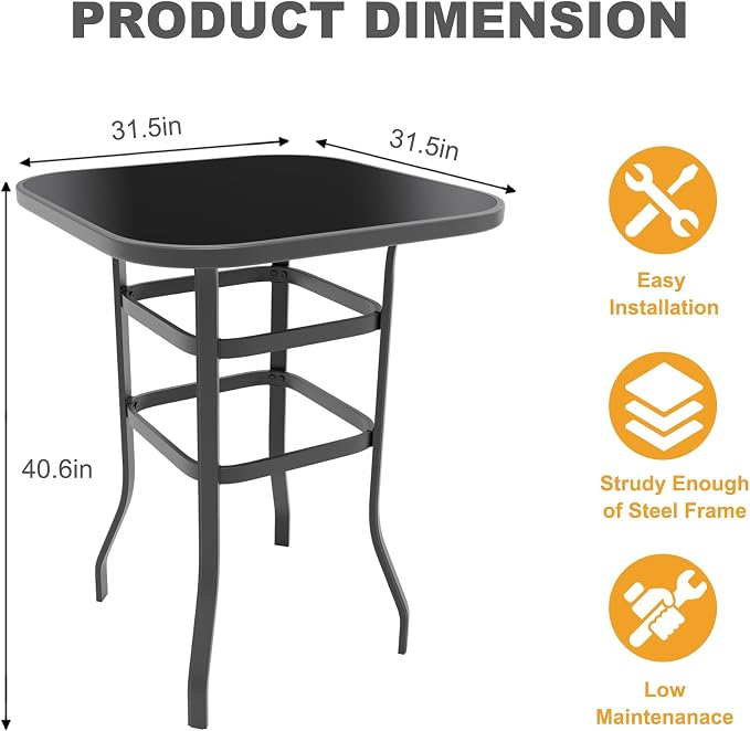 Outdoor Patio Bar Table, 31.5 Inch Tempered Glass Bistro High Top Table All - Image 2