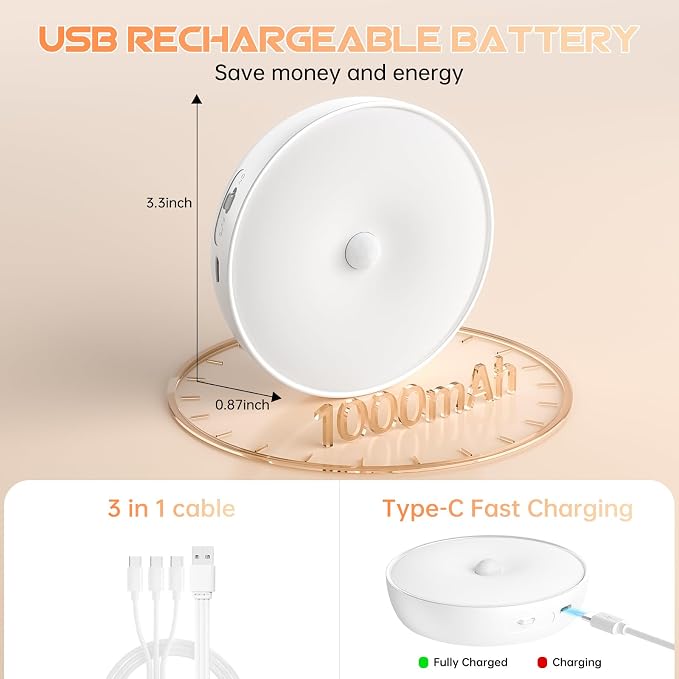 Warm Color LED Closet Lights Motion Sensor Puck Light, USB Rechargeable Battery - Image 3