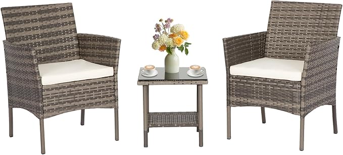 FDW 3 Piece Outdoor Furniture Set Patio Gray Wicker Chairs Furniture Bistro by FDW