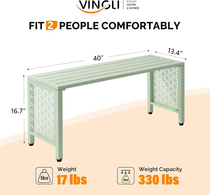 VINGLI 40in Outdoor Metal Bench, All-Weathe Backless Patio Bench - Image 3