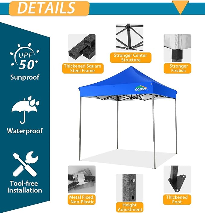 COBIZI 6.6x6.6 Pop Up Canopy Without Sidewall, Heavy Duty Canopy UPF 50+ All - Image 3