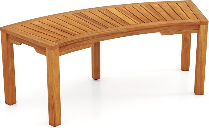 Tangkula Outdoor Curved Bench, Acacia Wood Fire Pit Bench w/Slatted Seat by TANGKULA