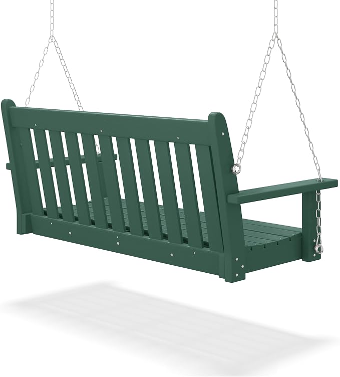 COSTAELM Paradise Outdoor Patio HDPE Hanging Front Porch Swing Bench, Dark Green - Image 4