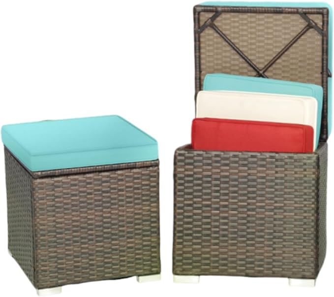 MEDIMALL Patio Wicker Ottoman Set of 2, Rattan Side Table w/Storage, Footstool by MEDIMALL