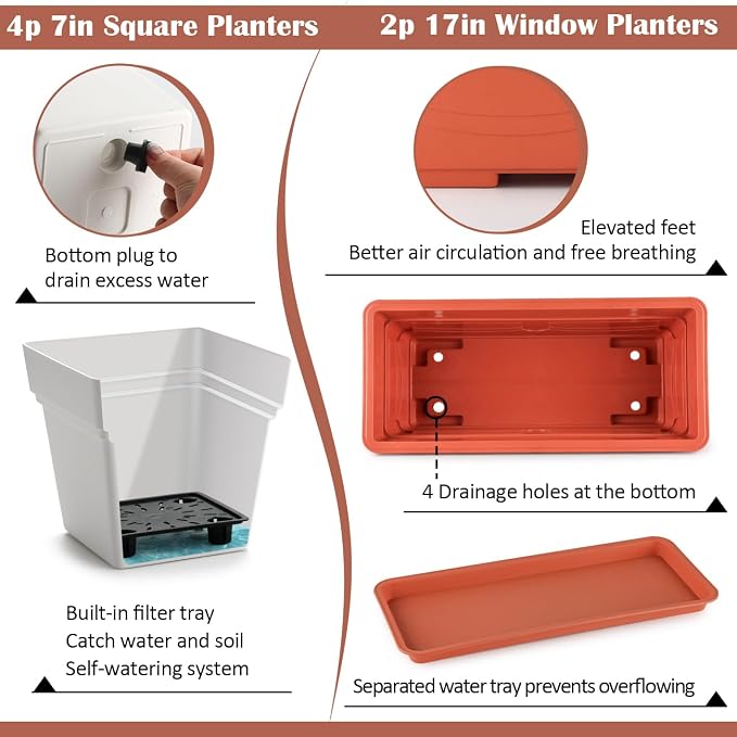 6-Pack 17" + 7" Window Box Planters & Square Pots - Image 2