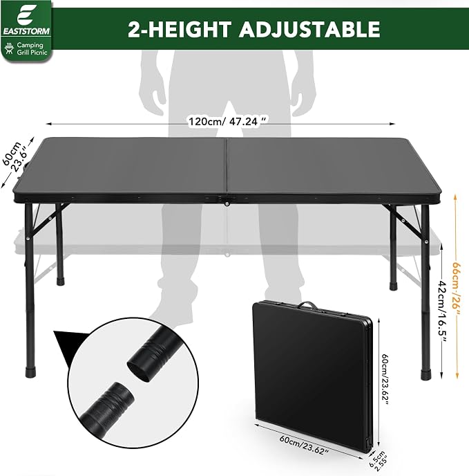 4ft Folding Table with Adjustable Height, Solid Metal Iron Top Portable Camping - Image 3