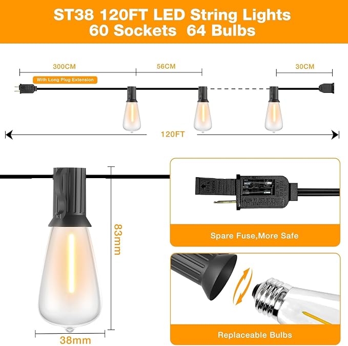 GLUROO String Lights for Outside 120FT, 60+4 Pcs Vintage Bulbs LED Outdoor - Image 2
