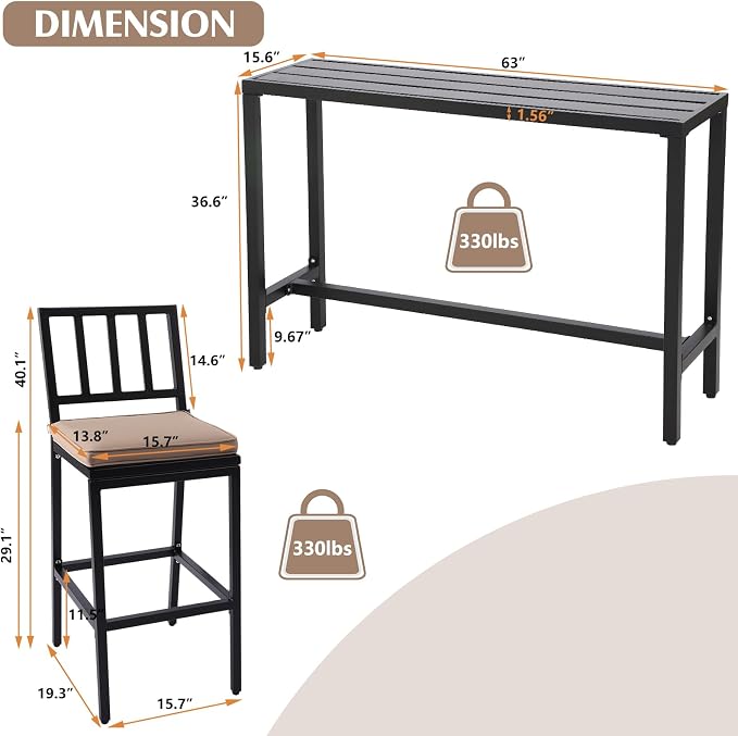 Outdoor Bar Chairs and Table, Metal Patio Bar Set, 7 Piece Set - Image 4