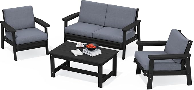 SERWALL 4 Piece HDPE Outdoor Furniture Set, All Weather Wood-Like Outdoor Sofa by SERWALL
