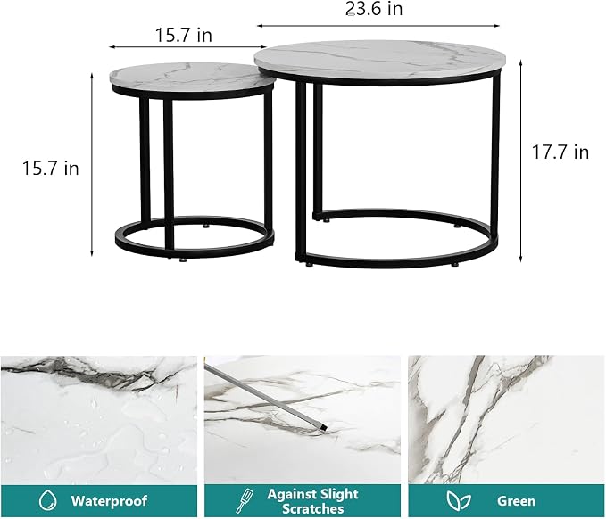 Smuxee White Nesting Coffee Table Set of 2, 23.6" Round Coffee Table Wood Grain - Image 2