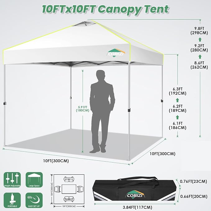 COBIZI 10x10 Pop Up Canopy Tent Without Removable Sidewalls, One Push Party - Image 3