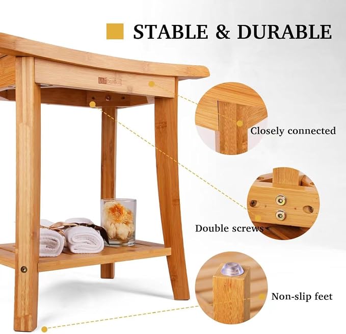 Bamboo Shower Bench with Storage Shelf, Wooden Spa Bath Deluxe Organizer Shower - Image 4