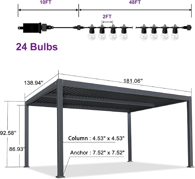 PURPLE LEAF Louvered Pergola w/Light 11.5' x 15' Aluminum Outdoor Pergola - Image 9