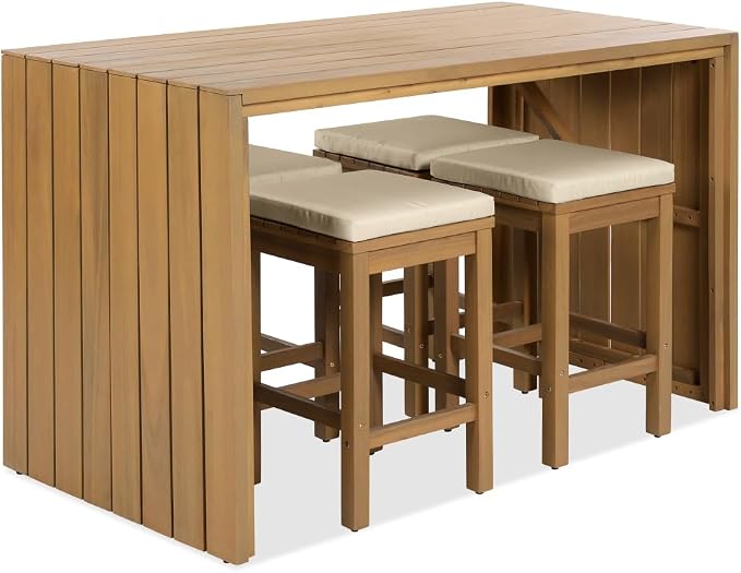 5 Piece Outdoor Bar Set, Patio Acacia Wood Bar Height Table & Four Stools - Image 8