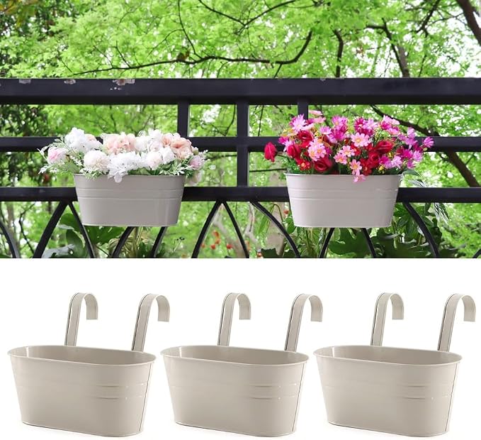 3 Pack Metal Railing Planters, 10.5" Oval Hanging Flower Pots by MeltsetM