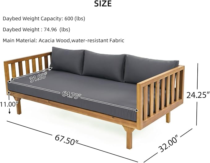 Merax Solid Acacia Wood Couch Chaise Lounge Chair Indoor, 3 Seater Daybed Sofa - Image 2