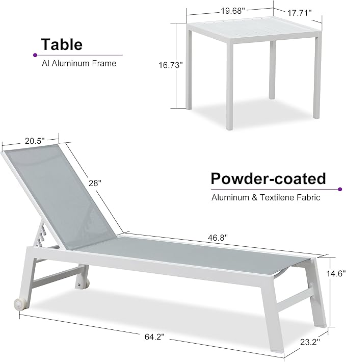 PURPLE LEAF Patio Lounge Chair 2 Pieces White Aluminum Outdoor Chaise Lounge - Image 2