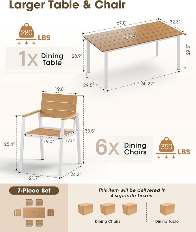 Outdoor Patio Dining Set for 6, Aluminum 7 Piece HDPS Patio Table and Chairs Set - Image 6