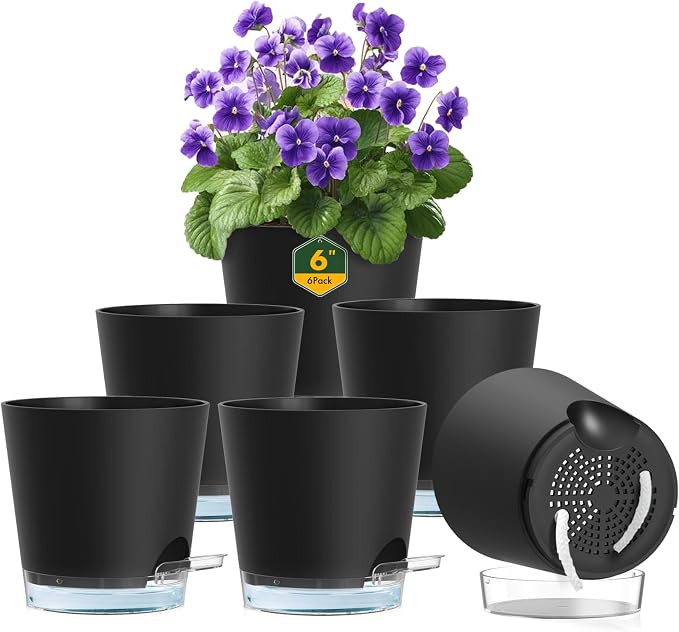 6 inch Self Watering Pots for Indoor Outdoor Plants, 6 Pack Flower Plant Pots by Meowell