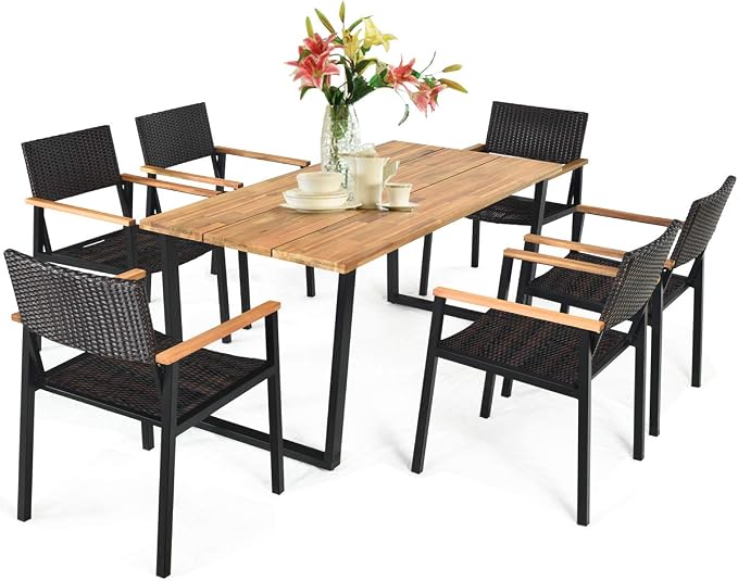 Tangkula 7 Pieces Outdoor Dining Set, Patented Patio Furniture Set w/Large by TANGKULA
