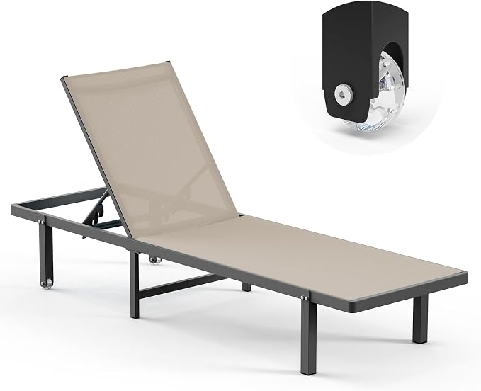 Lounge Chair Outdoor with Wheels, Aluminum Patio Chaise Lounge Chair with 5 by Oasbira