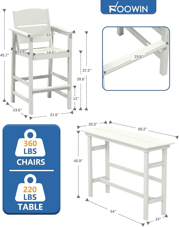 FOOWIN 3 Piece Outdoor Bar Height Table and Chairs, All Weather HDPE Patio Bar - Image 2