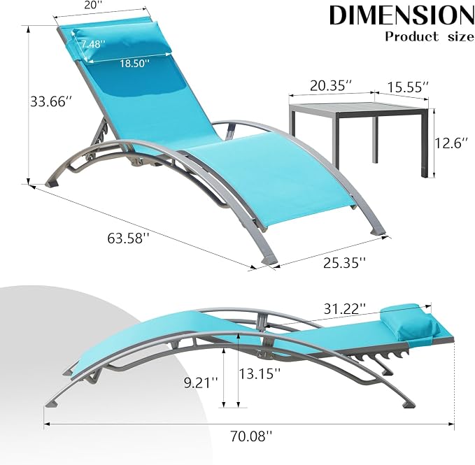 Domi Pool Lounge Chairs Set of 3, Adjustable Aluminum Outdoor Chaise Lounge - Image 2