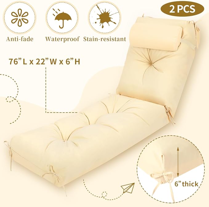 Wenqik Set of 2 Outdoor Chaise Lounge Cushions 76 x 22 x 6 Inch Waterproof - Image 3