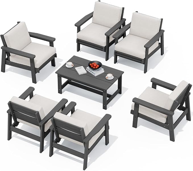 SERWALL HDPE Outdoor Furniture Set, 7 Piece All Weather Wood-Like Outdoor Sofa by SERWALL