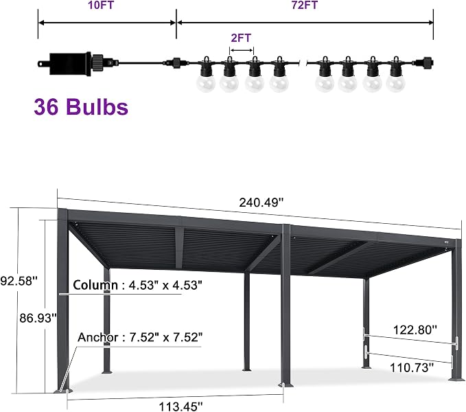 PURPLE LEAF Louvered Pergola w/Light 10' x 20' Aluminum Outdoor Pergola - Image 9