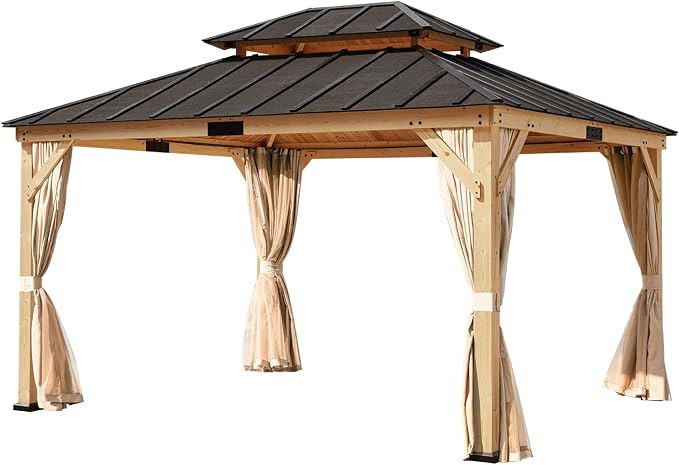 MELLCOM 11'x13' Asphalt Hardtop Gazebo, Spruce Wood Double Roof Gazebos - Image 8