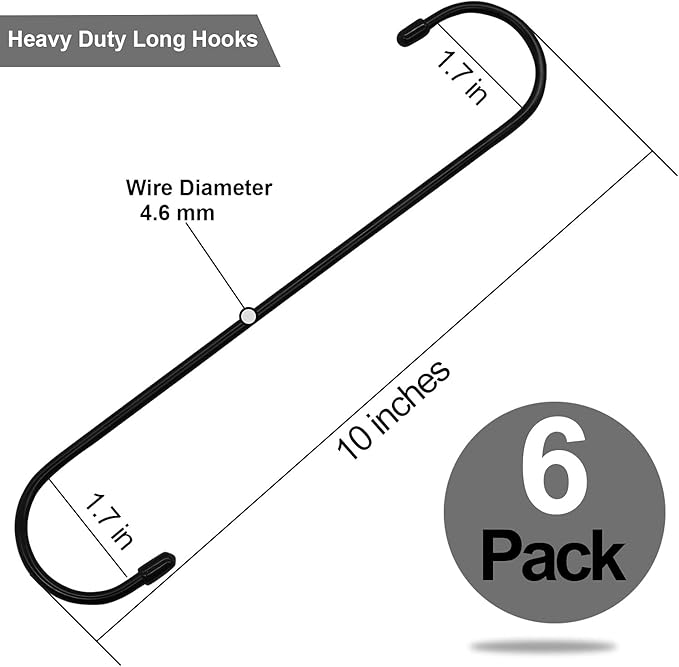 6 Pack 10 inch Extra Large S Hooks Black Heavy Duty Long S Hooks - Image 2