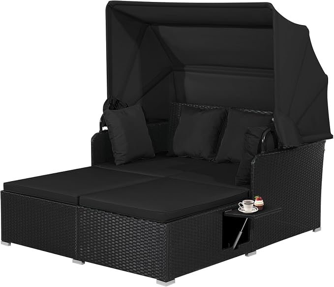 Moccha Outdoor Daybed with Retractable Canopy, Wicker Cabana with 2 Side Tables by LDAILY