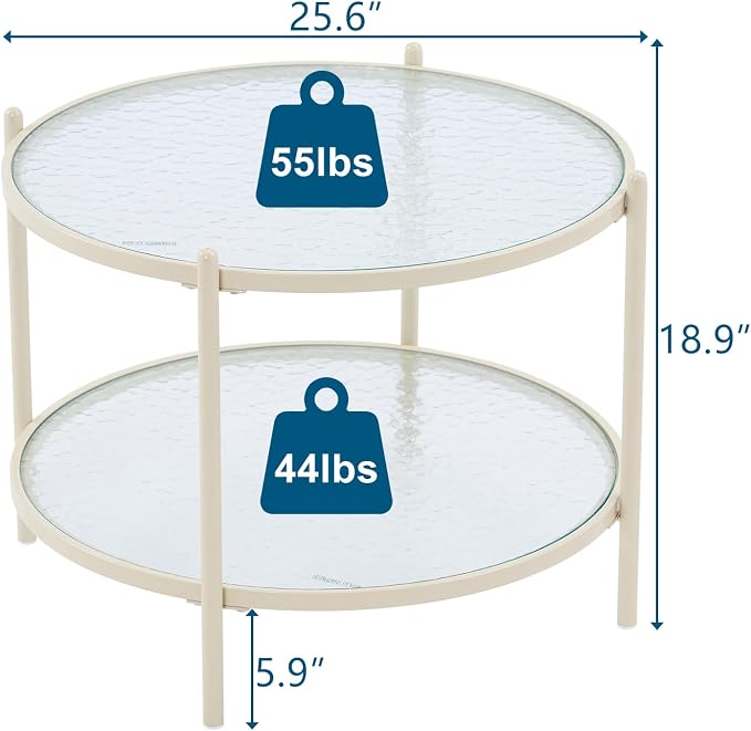 VINGLI 25.6" Small Cream White Round Coffee Table Water-Wave Glass Circle Clear - Image 2
