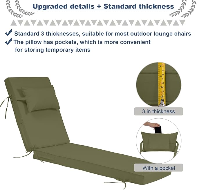 Outdoor Chaise Lounge Cushions Set of 2, Waterproof Fade Resistant Patio - Image 3