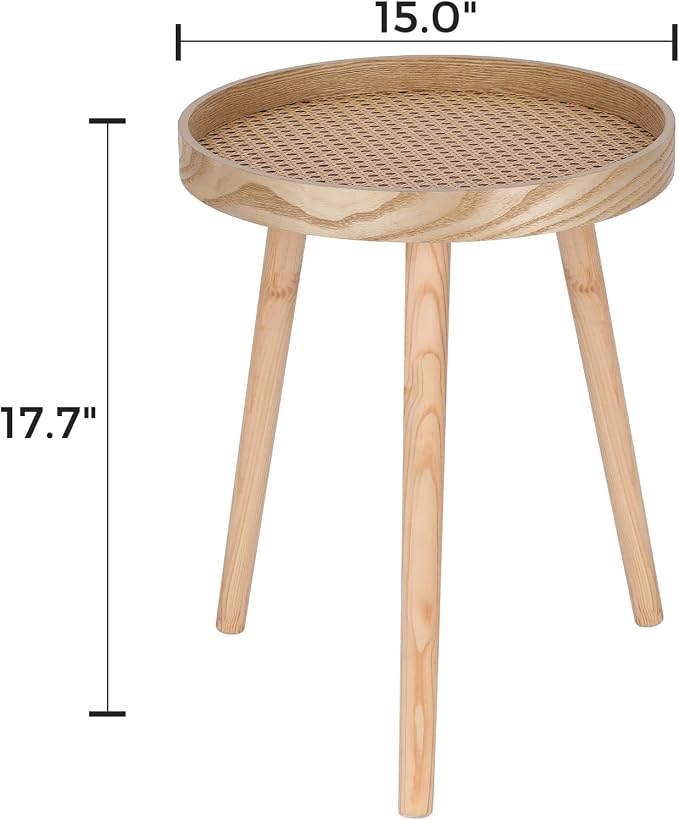 Small Side Table, Rattan Nightstand, Round End Boho Bedside Accent Mid-Century - Image 3